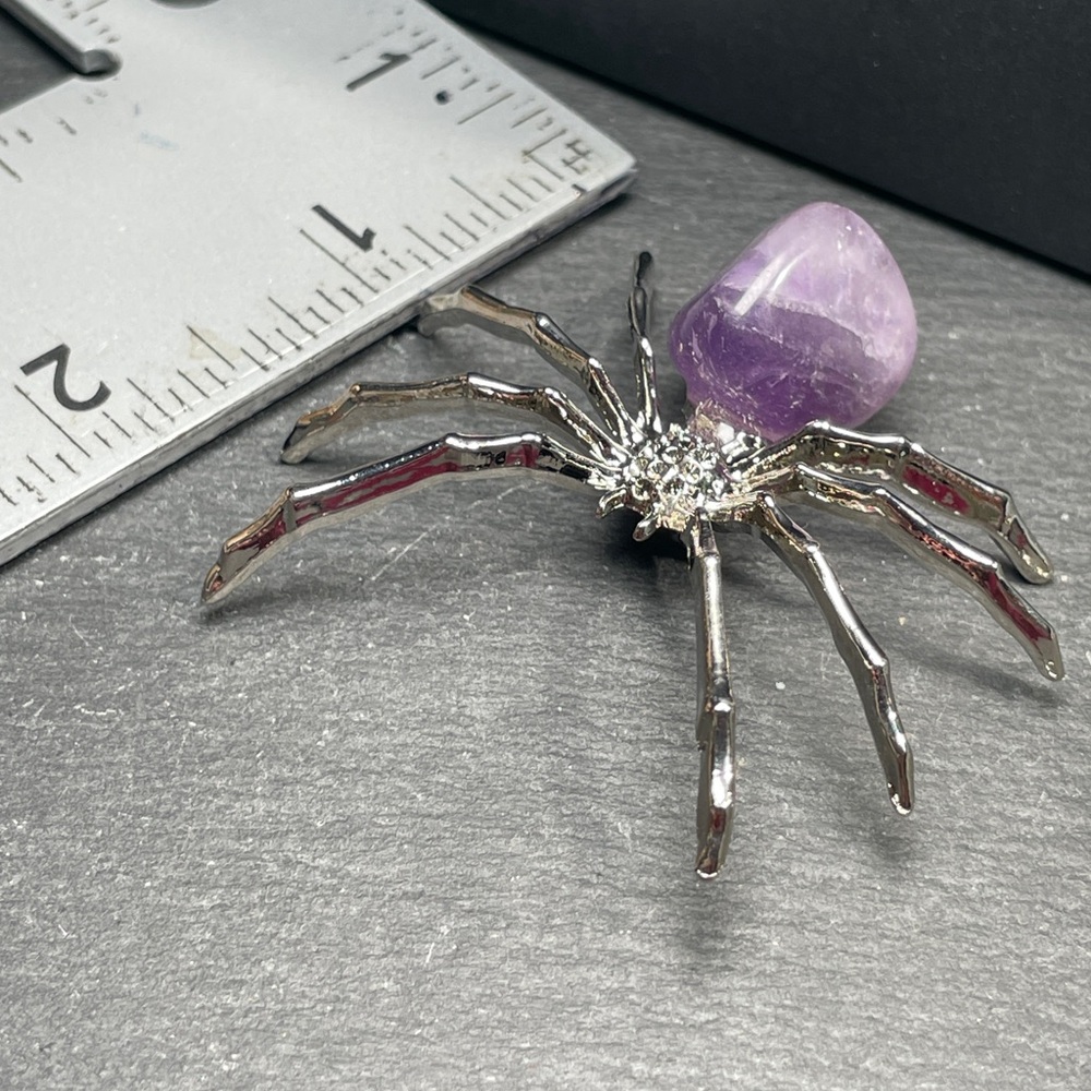 Amethyst Crystal Stone Silver Spider Brooch Artisan Made - Picture 9 of 10